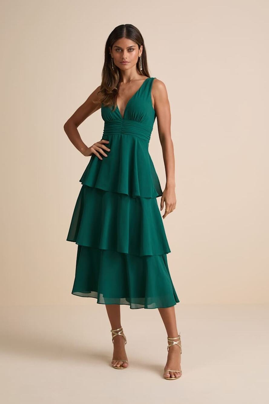 NWT Lulus Celebration Time Emerald Green Sleeveless Tiered Midi Dress Party Sz M